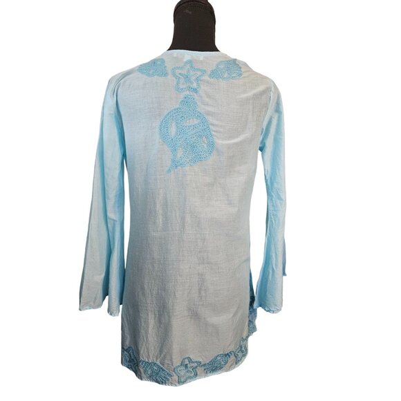 OndadeMar Women's Embroidered Light Blue Tunic Top - S Bell Sleeve Swim Coverup - Picture 4 of 11